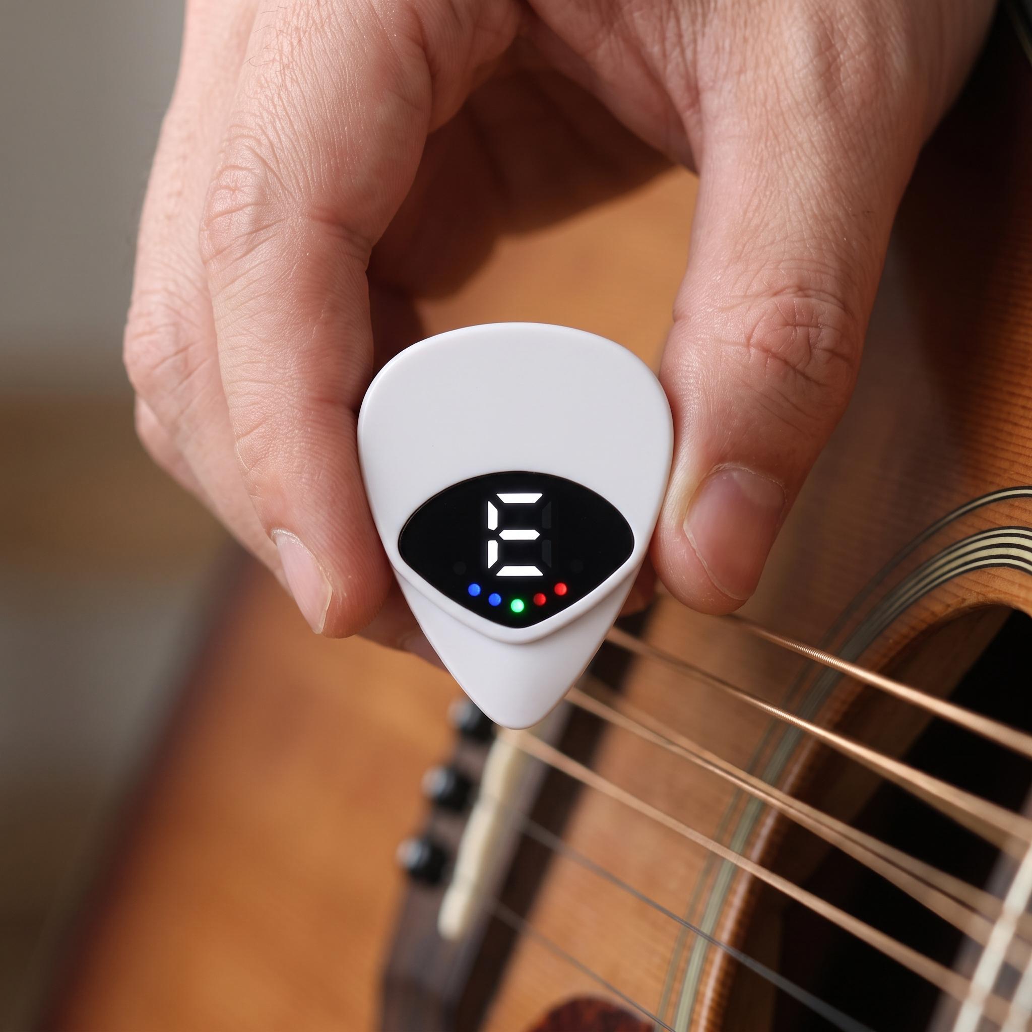 Player gently checking a string with the white Chordwell pick tuner