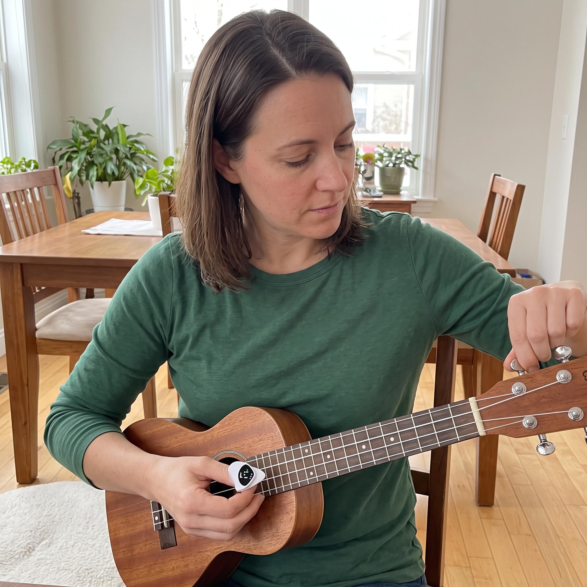Hand holding the white pick tuner