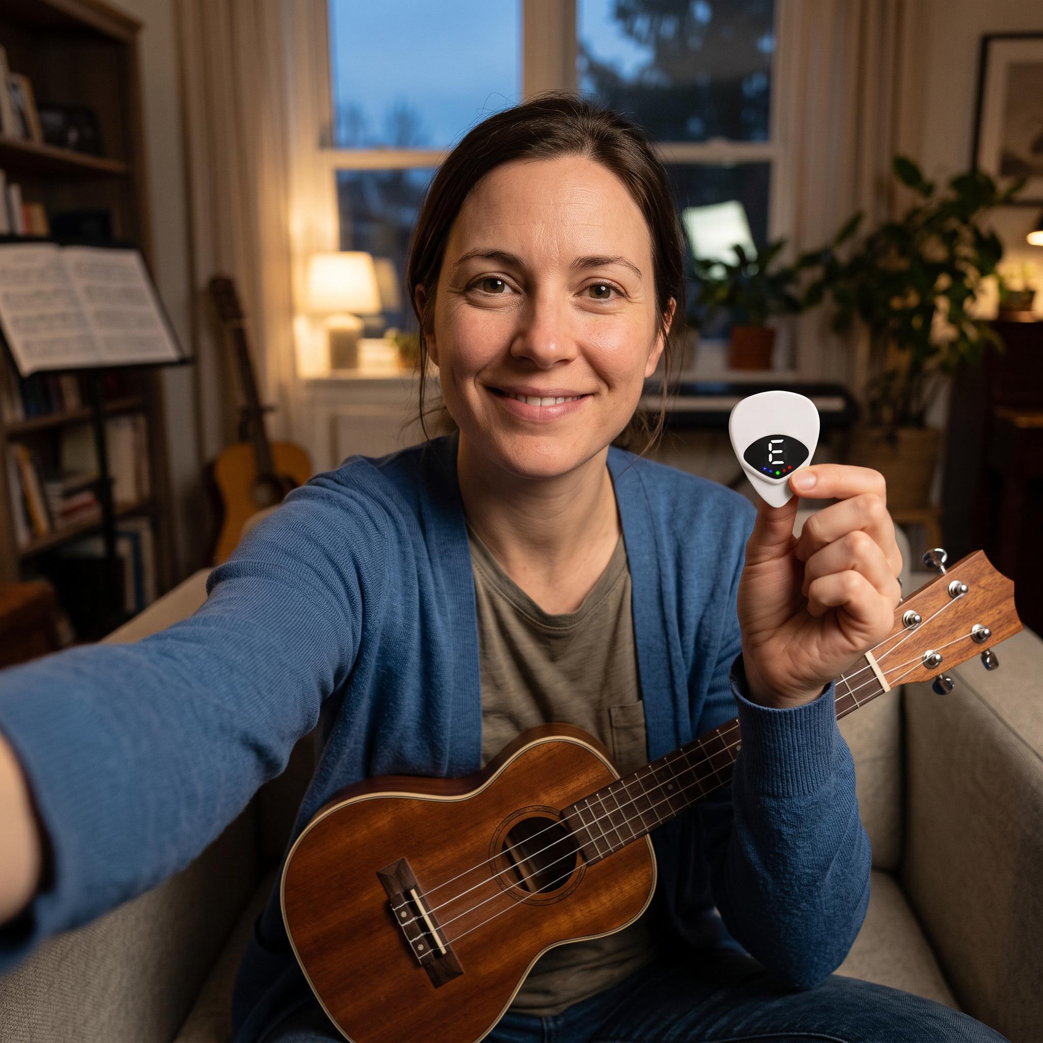 Hand holding the tuner pick near a guitar