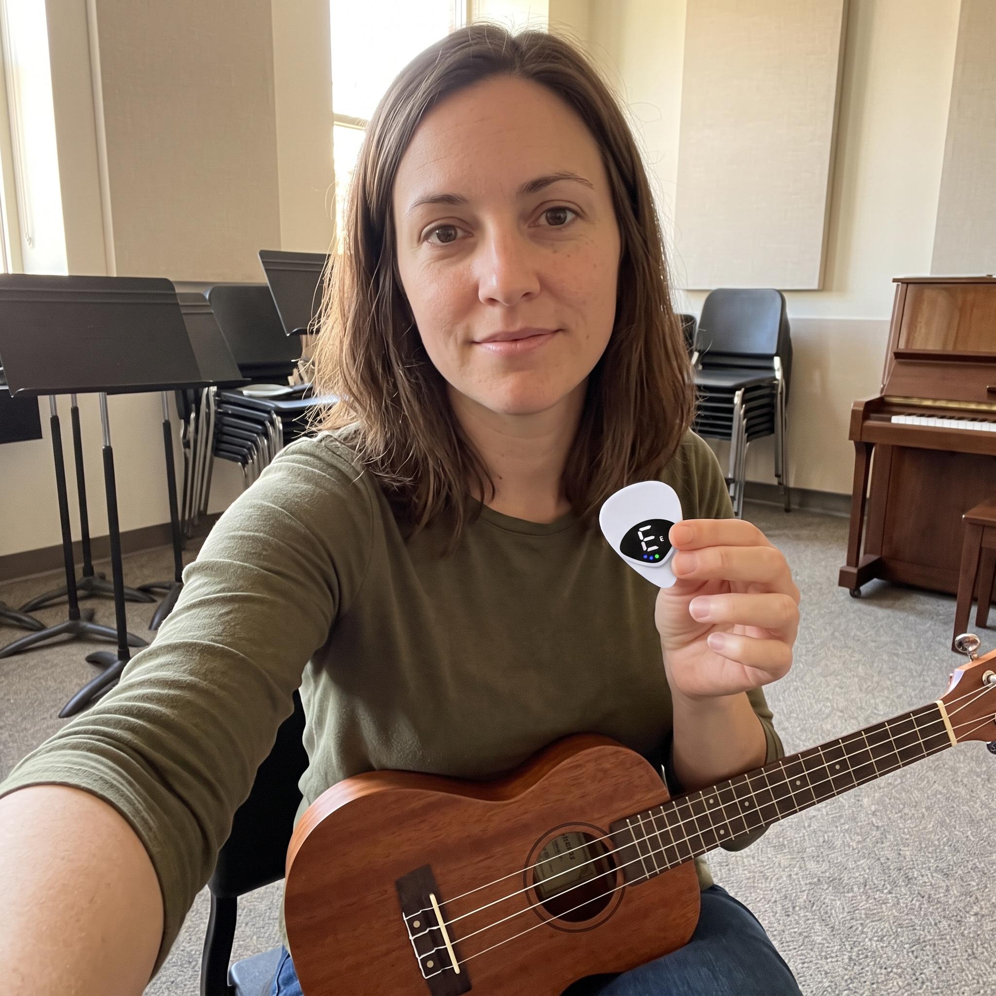 Woman in an olive shirt holding Chordwell beside a ukulele